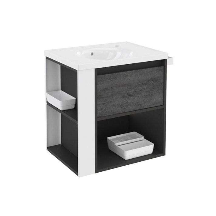 Mueble con lavabo porcelana 60cm Antracita-Frontal pizarra nature/Blanco B-Smart Cosmic
