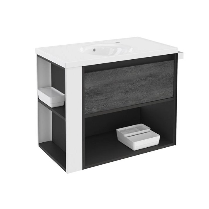 Mueble con lavabo porcelana 80cm Antracita-Frontal pizarra nature/Blanco B-Smart Cosmic