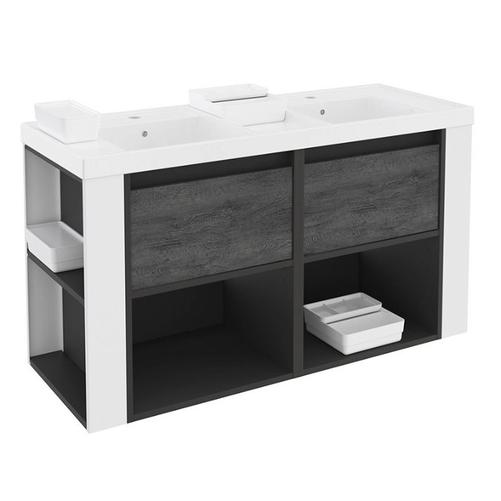 Mueble con lavabos resina 120cm Antracita-Frontal pizarra nature/Blanco B-Smart Cosmic