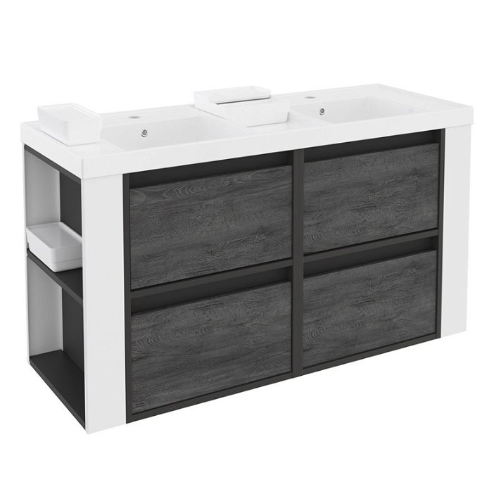 Mueble con lavabos resina 120cm Antracita-Frontal pizarra nature/Blanco 4 cajones B-Smart Cosmic