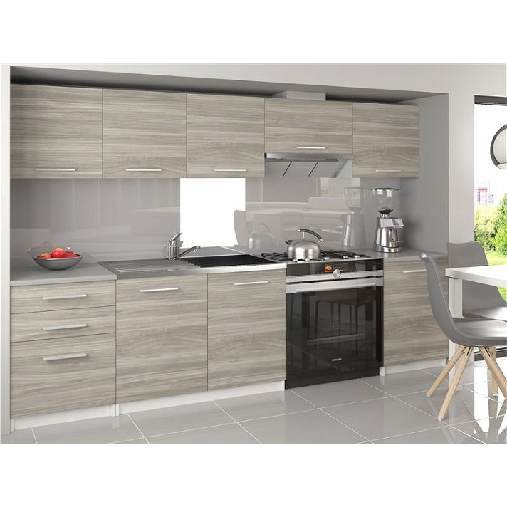 Cucina completa da 240 cm con composta da sette mobili in finitura grigio Uniqa Tarraco
