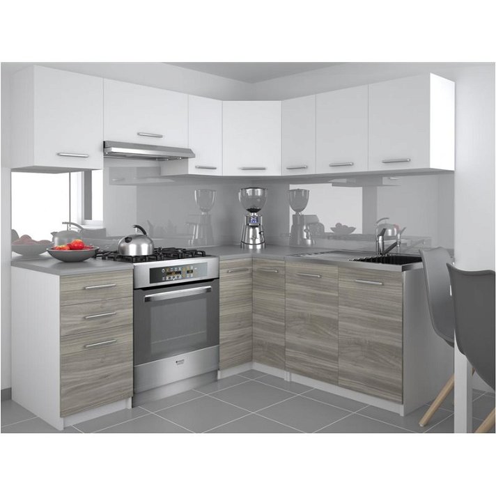 Cucina completa da 360 cm composta da nove mobili in finitura bianco e grigio Lidia Tarraco