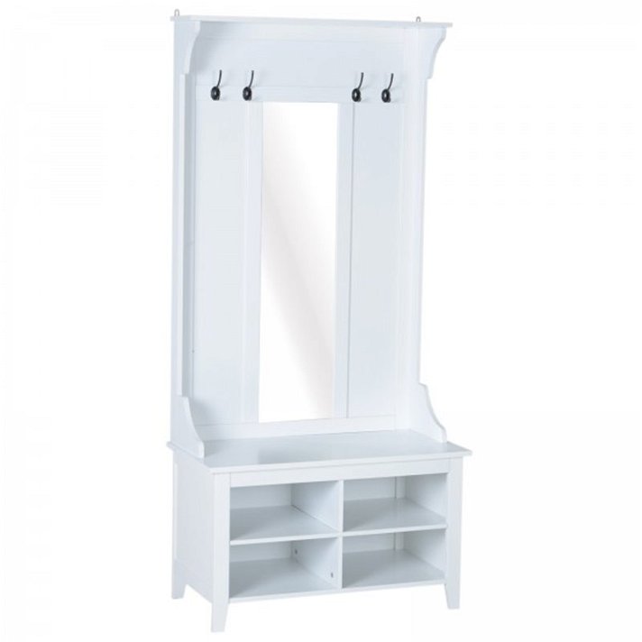 Mueble de recibidor con perchero y espejo elaborado en MDF y tablero de partículas color blanco HomCom