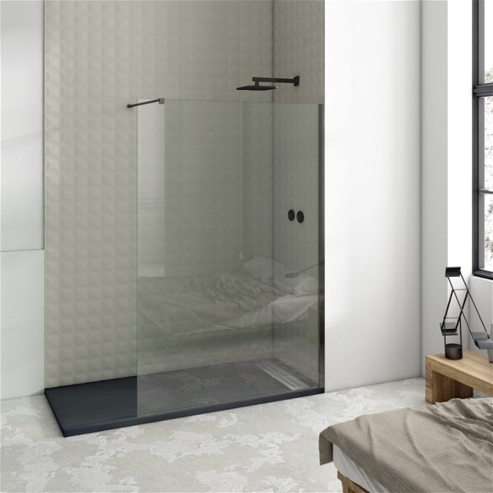Mampara de ducha frontal con una hoja fija de vidrio transparente acabado negro Combi Vulcan Bath