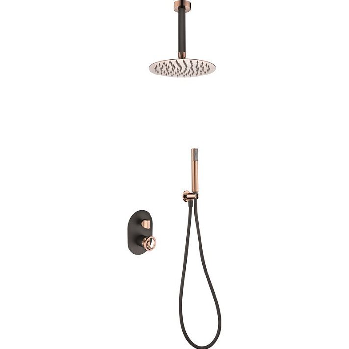 Conjunto para ducha de pared con un diseño moderno de acabado negro mate y oro rosa Vesubio Imex