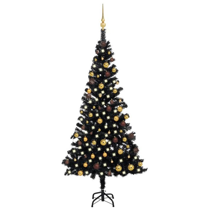 Árbol de Navidad con luces LED y 61 bolas de PVC de 180 cm de alto color negro VidaXL