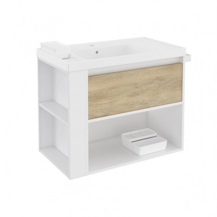 Mobile con lavabo in resina 80 cm Bianco-Rovere naturale/Bianco B-Smart BATH+
