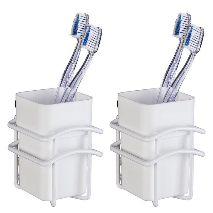 Pack de dos portacepillos de dientes elaborados en acero y polipropileno de color blanco Classic Plus WENKO