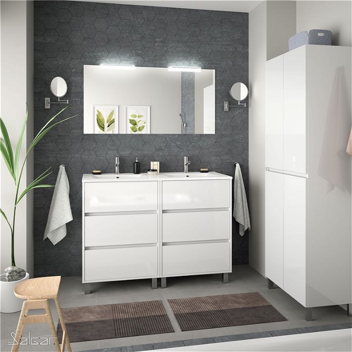 Meuble de salle de bains avec plan vasque double et 6 tiroirs avec finition blanc brillant Noja Salgar