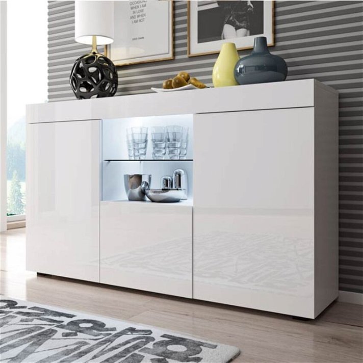 Buffet de couleur blanche moderne avec lumière et étagère ouverte en verre Safira Domensino