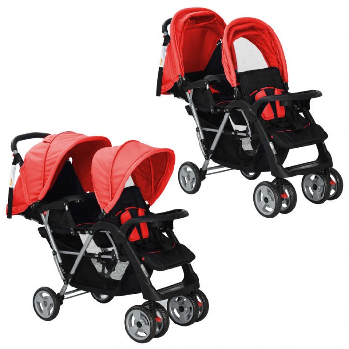 Carrito para dos bebés tandem rojo y negro de acero Vida XL