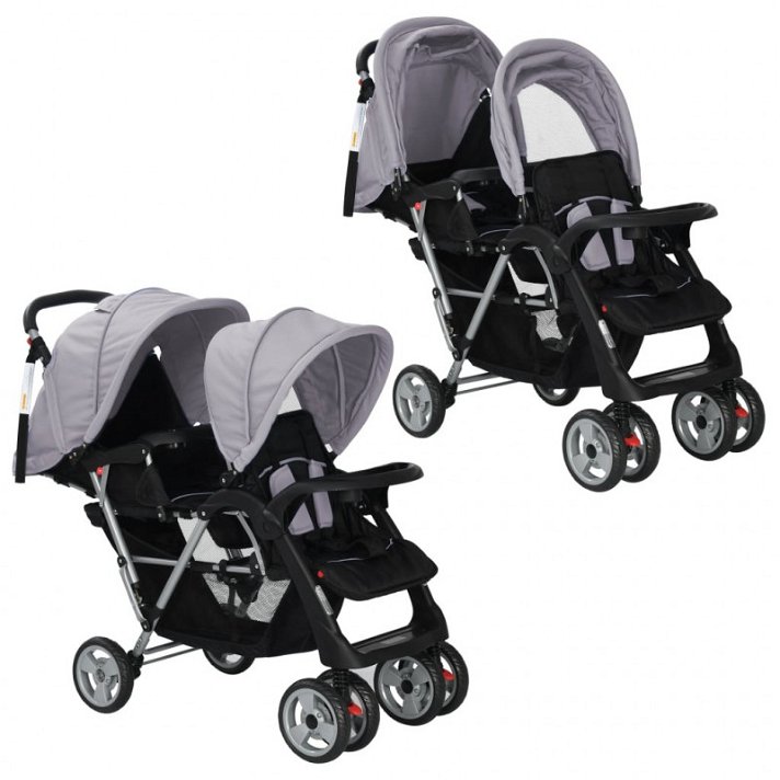 Carrito para dos bebés tandem gris y negro de acero Vida XL
