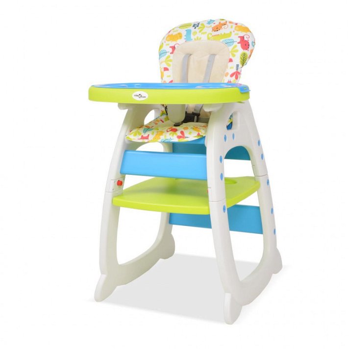 Chaise haute pour bébés convertible 3 en 1 avec table bleu et vert avec motifs feuilles et animaux Vida XL