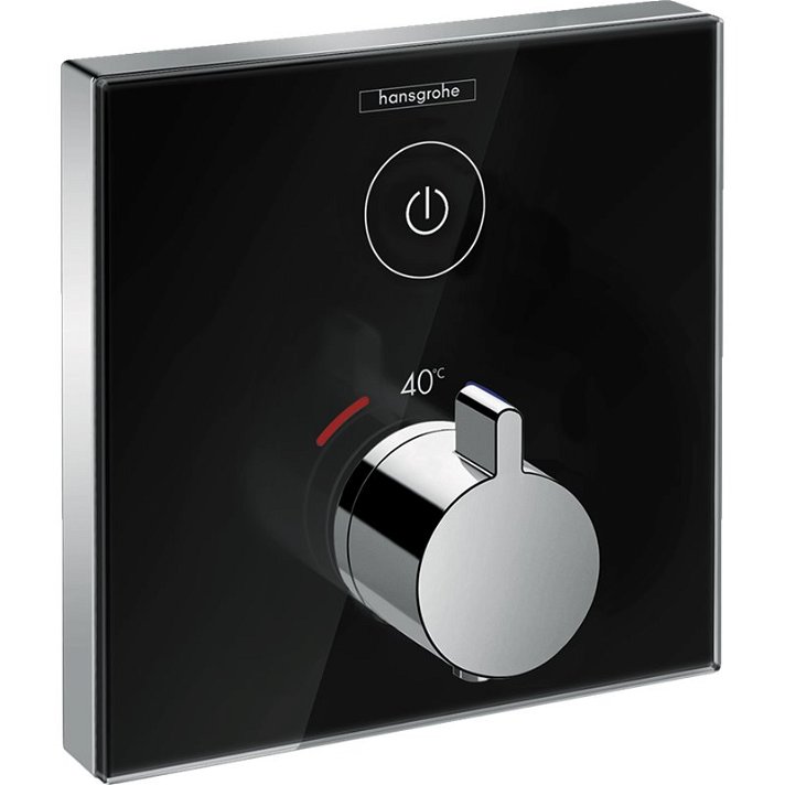 Grifo termostático con una función y botón de seguridad en color negro ShowerSelect Glass Hansgrohe