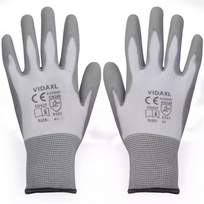 Pack de 24 guantes de trabajo hechos de nylon con cubierta poliuretano de talla 9/L color blanco y gris Vida XL