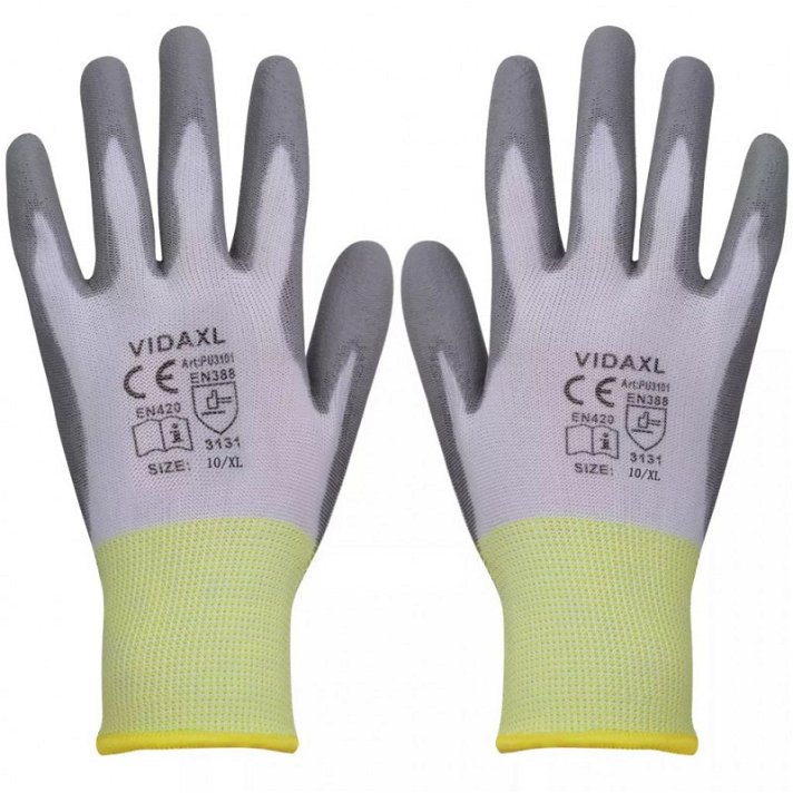 Lot de 24 gants de travail en nylon avec revêtement en polyuréthane taille 10/XL couleur blanc et gris VidaXL