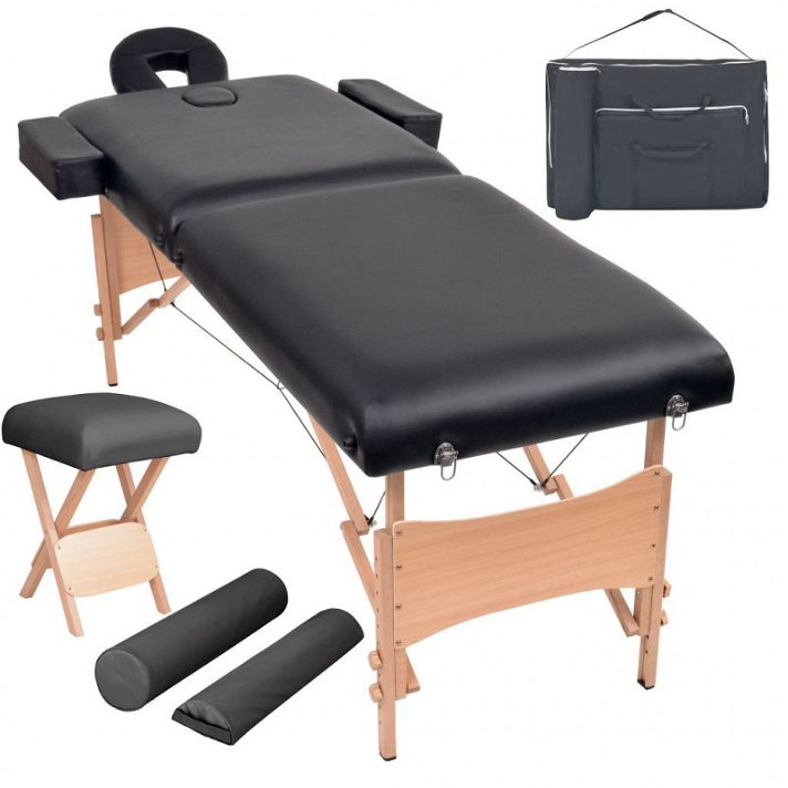 Juego de mesa de masajes plegable color negro con estructura de madera y tapizado de cuero artificial Vida XL