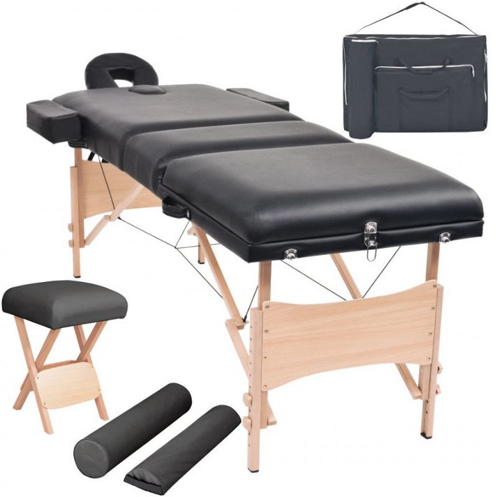 Set mesa plegable masaje y taburete 3 zonas 10 cm grosor negro Vida XL