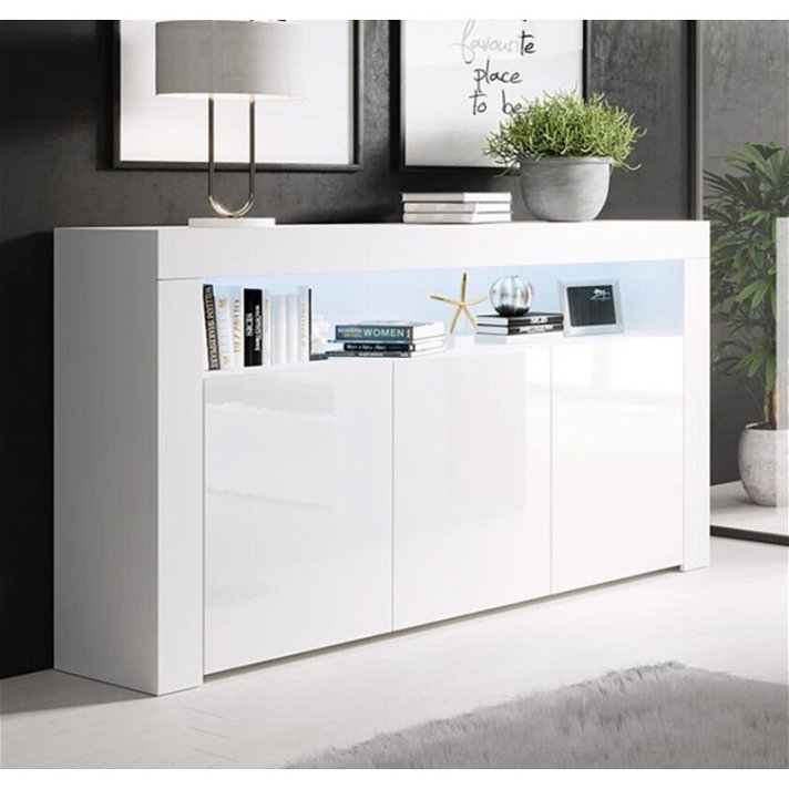 Buffet avec étagères et portes avec fermeture soft-close de couleur blanc brillant Alai Domensino