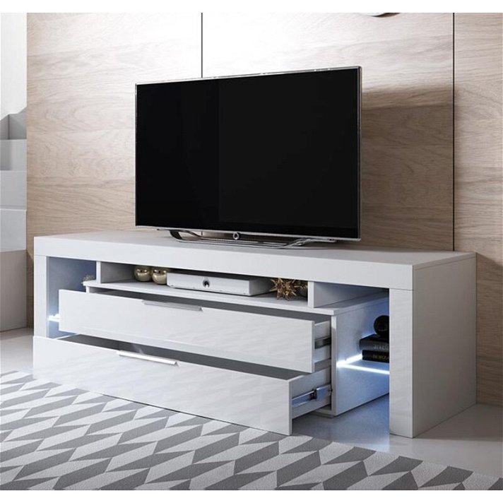 Mobile per TV dallo stile moderno con finitura di colore bianco con cassetti e luci LED Sayen Domensino