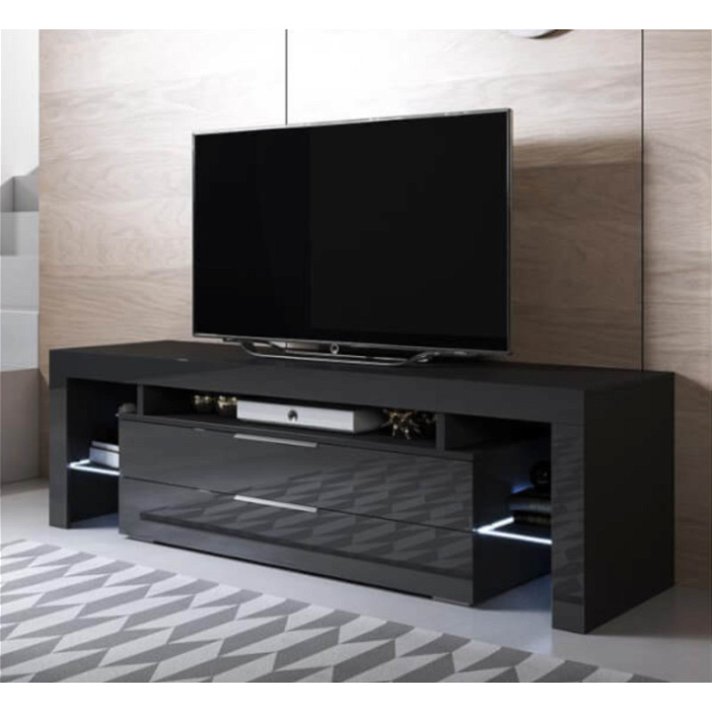 Mueble de TV de estilo moderno con acabado color negro brillo y con cajones y luces LED Sayen Domensino