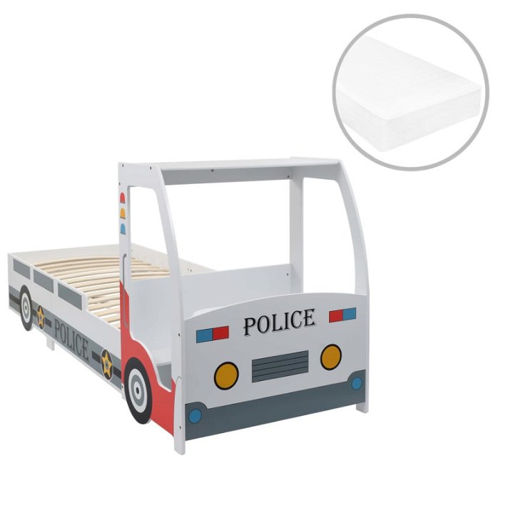 Cama de niños con forma de coche policía con escritorio de listones de madera para colchones de 90x200 cm Vida XL