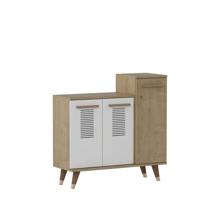 Mueble zapatero de estilo minimalista elaborado en madera aglomerada color roble zafiro y blanco Forme