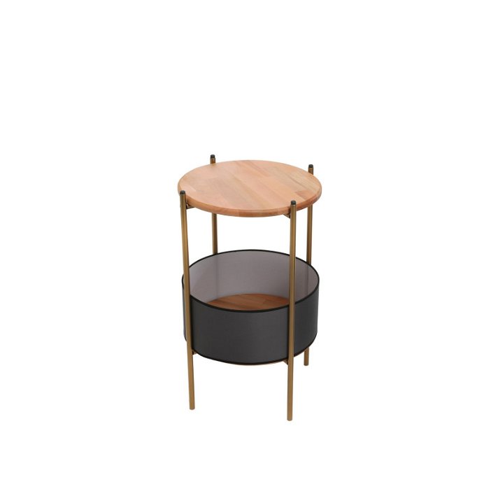 Mesa auxiliar fabricada en madera de haya y metal con acabado en color roble y negro Forme