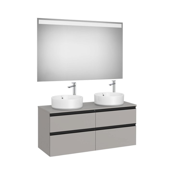 Meuble de salle de bains de 120 cm pour deux vasques avec 4 tiroirs et un miroir LED couleur gris mat Pack The Gap Roca