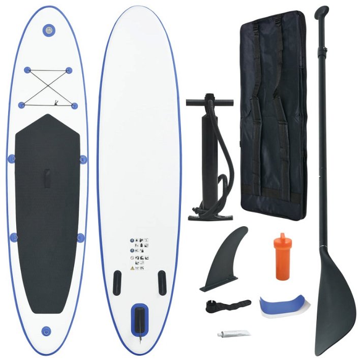 Juego de tabla de paddle surf hinchable fabricado en pvc y espuma eva con acabado azul y blanco VidaXL