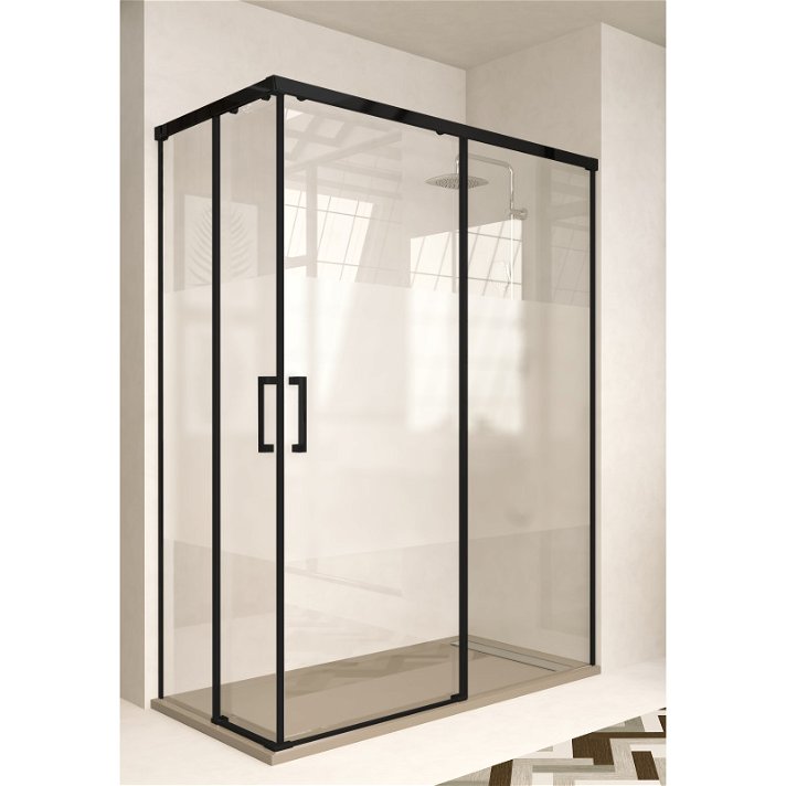 Box doccia angolare con ingresso ad angolo fabbricato in vetro temperato serigrafato con profilo nero Treban Torvisco