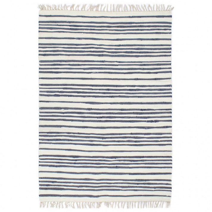 Tapete de algodão tecido à mão de 120 cm de largura em Chindi Vida XL azul e branco