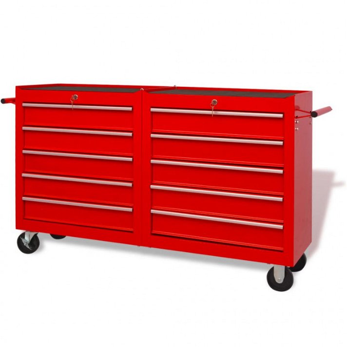 Carrito caja de herramientas de diez cajones tamaño XXL acero rojo Vida XL
