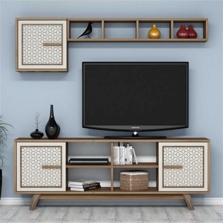 Conjunto de muebles para TV elaborado con tablero aglomerado en color crema y nogal Forme