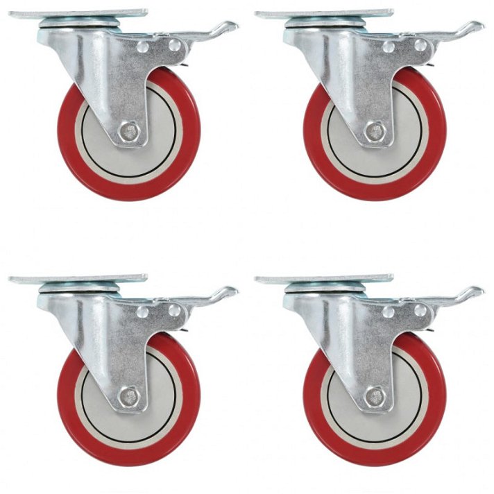 Conjunto de ruedas giratorias con frenos dobles de PVC y hierro zincado 100 mm color rojo Vida XL
