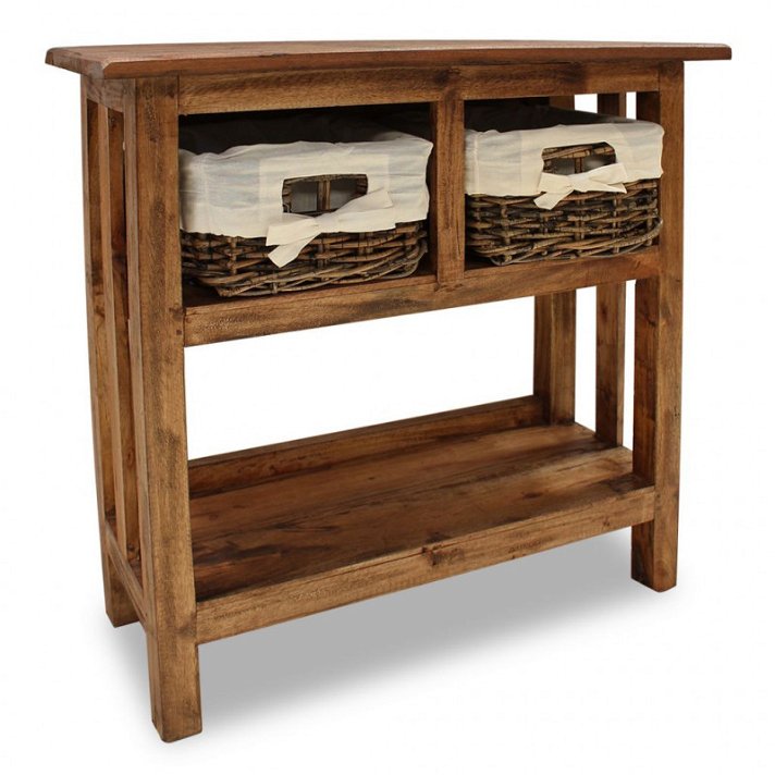 Table console fabriquée en bois recyclé de 69x28 cm avec deux paniers en rotin VidaXL