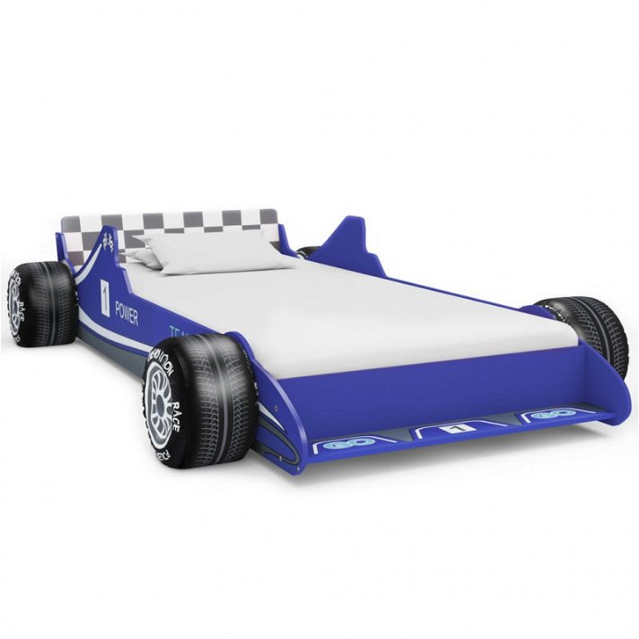 Cama para crianças com forma de carro de corridas azul com ripas de madeira para colchões de 90x200 cm Vida XL