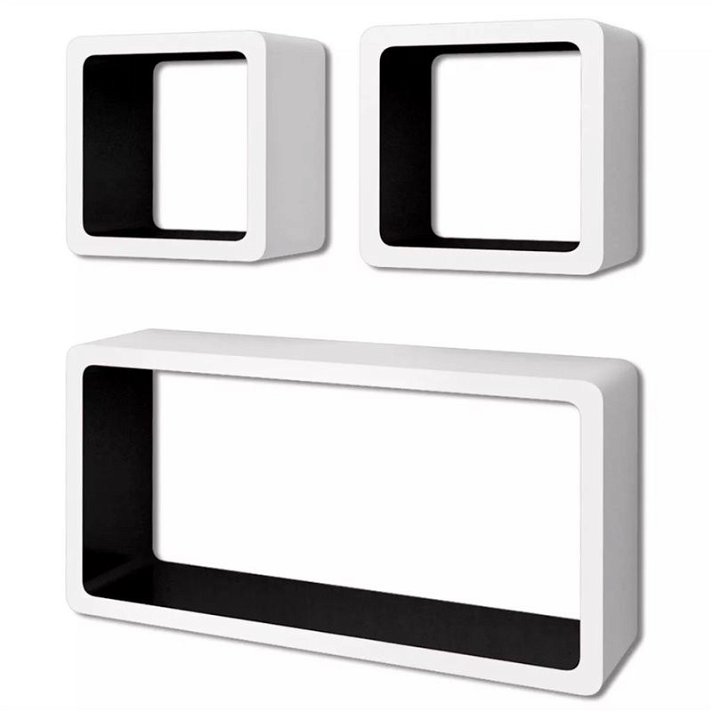 Conjunto de tres estantes con forma cúbica acabado color blanco y negro Vida XL