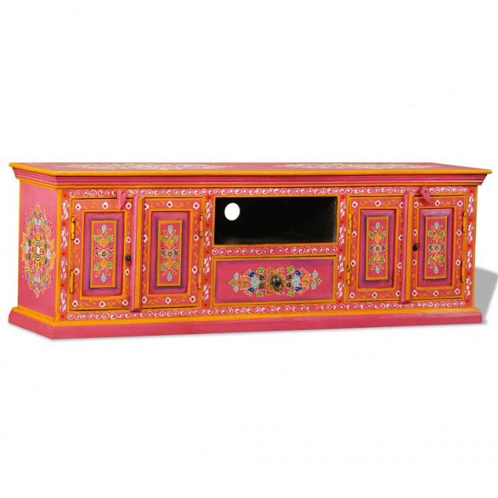 Mueble de TV de madera maciza de mango pintada a mano en rosa y flores multicolor Vida XL