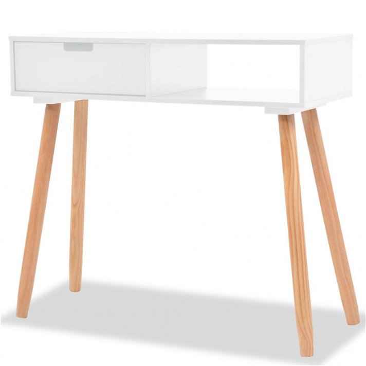 Table console fabriquée en MDF blanc et pieds en bois de pin avec tiroir et étagère VidaXL