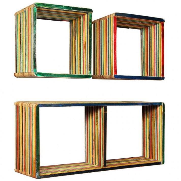 Conjunto de três estantes para interiores de parede fabricados em madeira teca colorido VidaXL