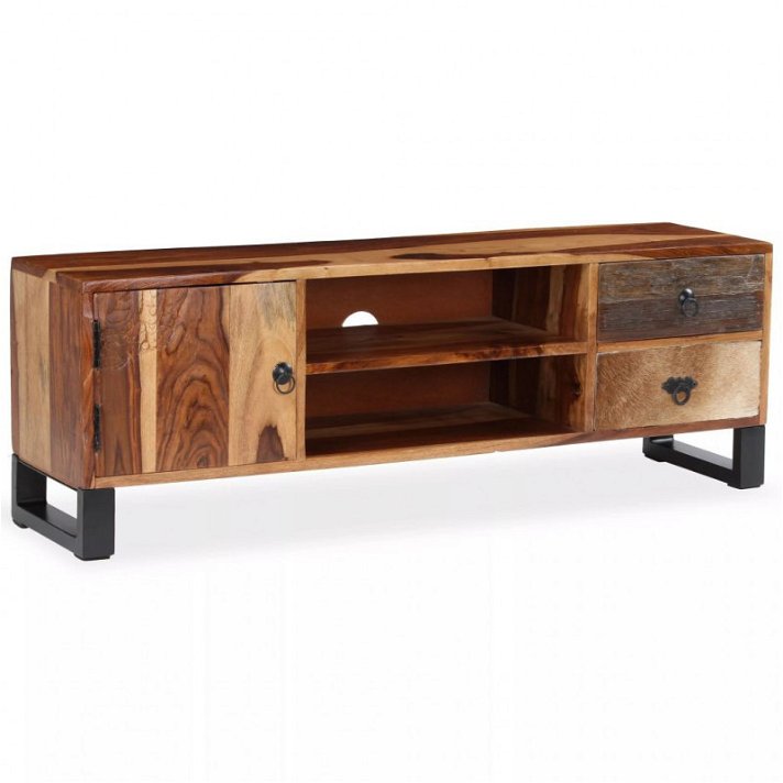 Mueble de tv 120x40x30 cm madera de sheesham y cuero con acabado en marrón Vida XL