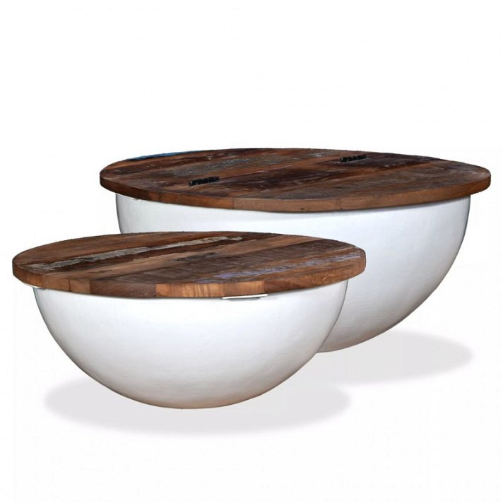 Set di tavoli di legno riciclato forma di ciotola bianchi Vida XL