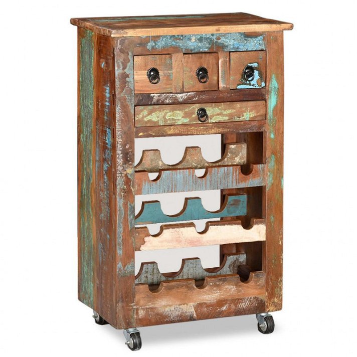 Portabottiglie di legno riciclato vintage con cassetti e rotelle Vida XL
