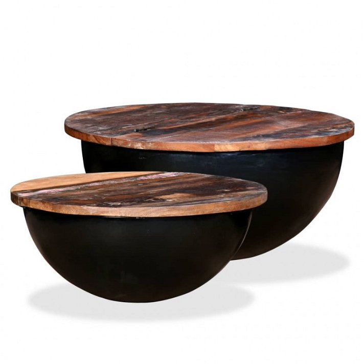 Set di tavoli in legno riciclato a forma di ciotola nera Vida XL