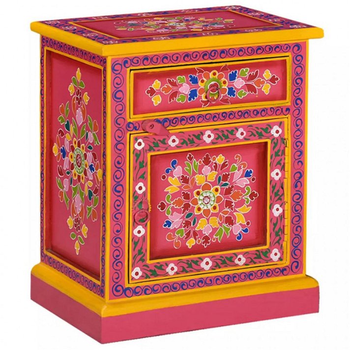 Mesa de cabeceira artesanal com gavetas de 40 cm de madeira de mangueira cor rosa Vida XL