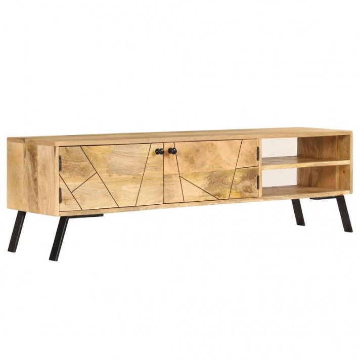 Mueble de TV con puertas y estantes fabricado en madera de mango con acabado natural VidaXL