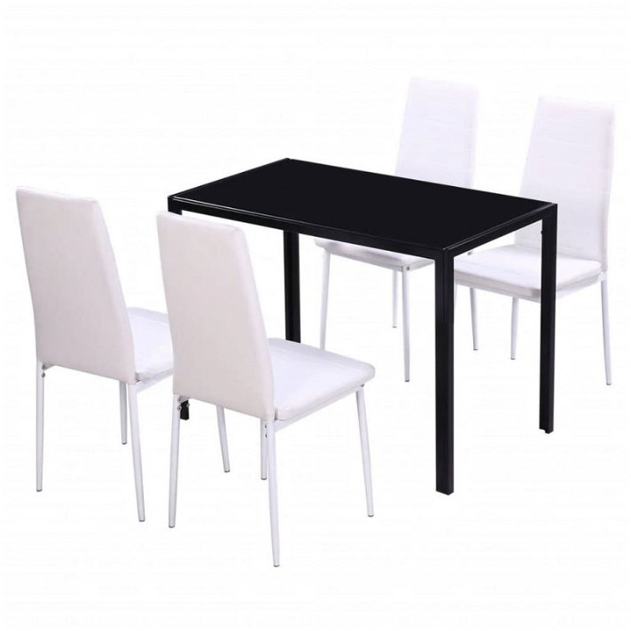 Table rectangulaire en acier et en verre trempé et 4 chaises en bois blanc et noir Vida XL