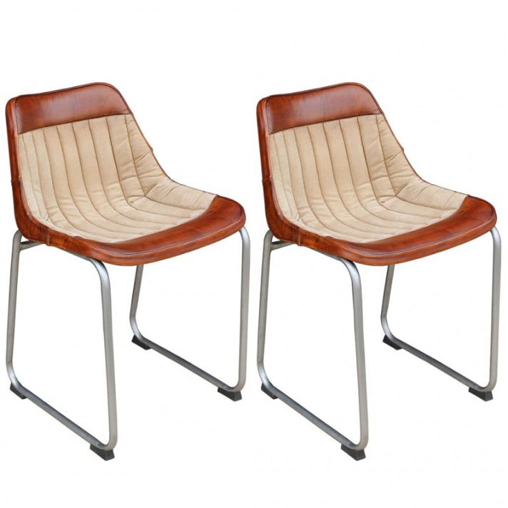 Set de 2 sillas de comedor tapizadas en cuero real y lona marrón y beige Vida XL