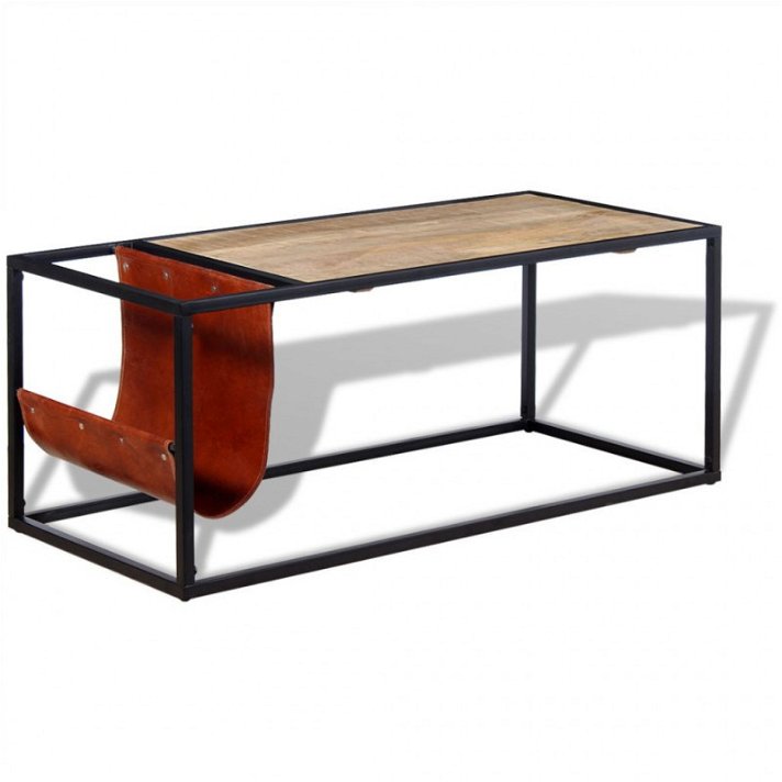 Mesa de centro de diseño rústico fabricada en madera de mango con cuero de 110cm de ancho VidaXL